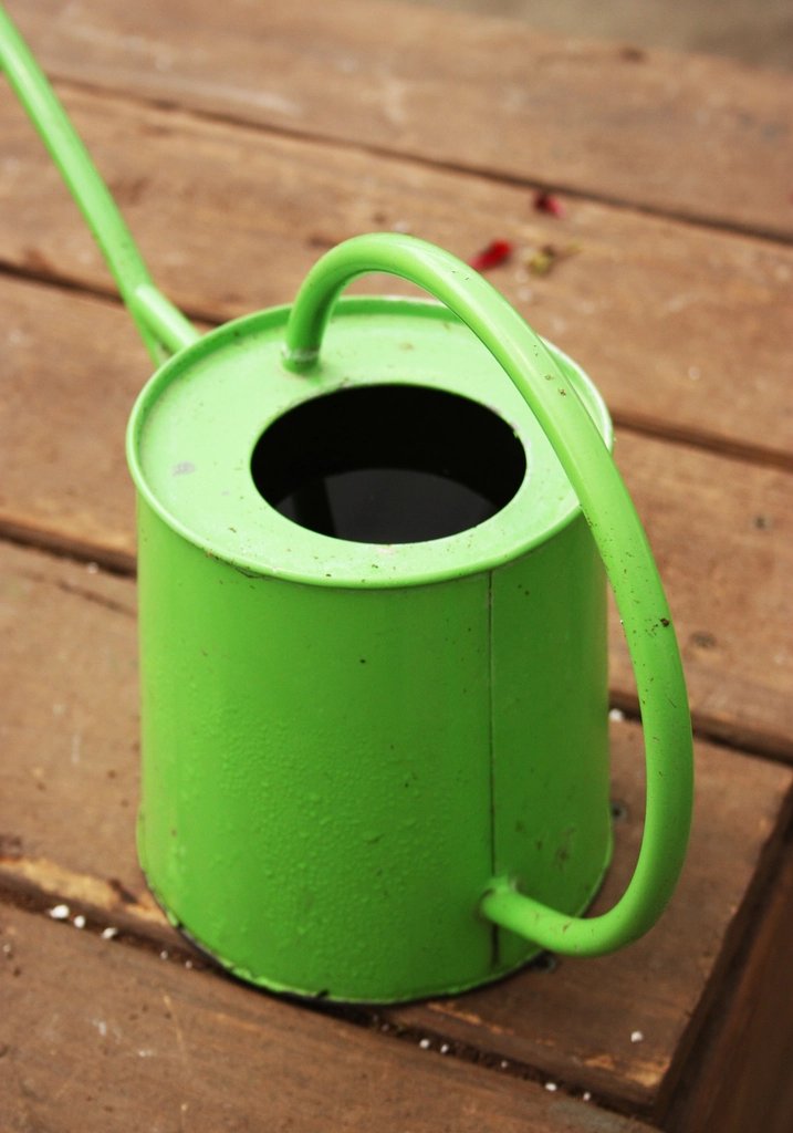 Arrosoir en métal vert posé sur une table en bois de jardin